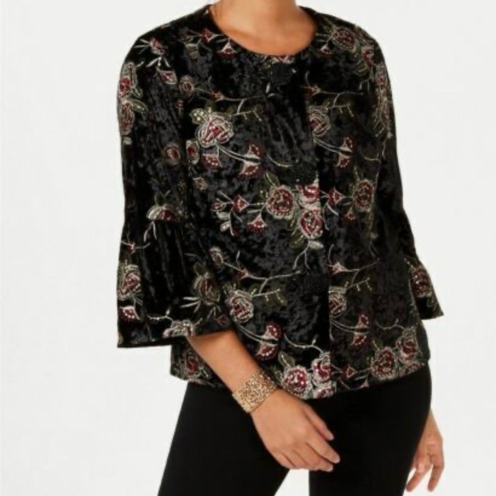 JM Collection Women's Petite Large‎ PM Embroidered Velvet Statement Jacket